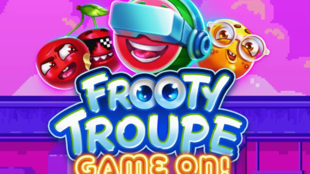 Tampilan visual retro dari slot Frooty Troupe dengan simbol buah pixel art.