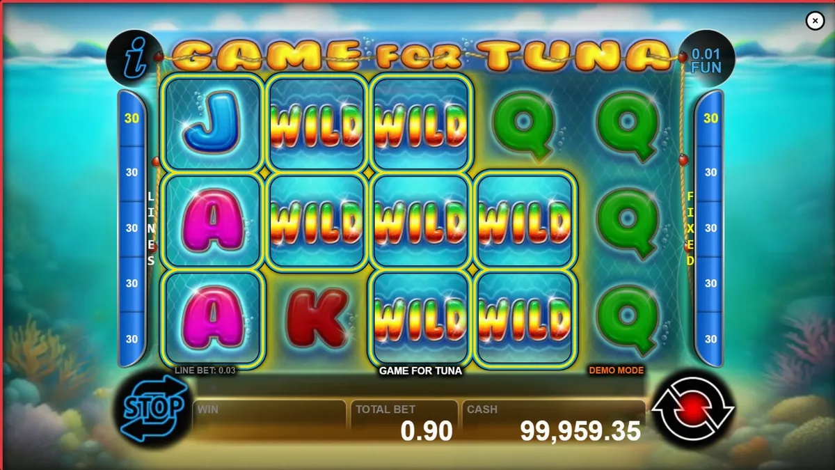 Pemandangan bawah laut yang memukau dalam slot Game For Tuna dengan simbol ikan tuna dan peralatan memancing.